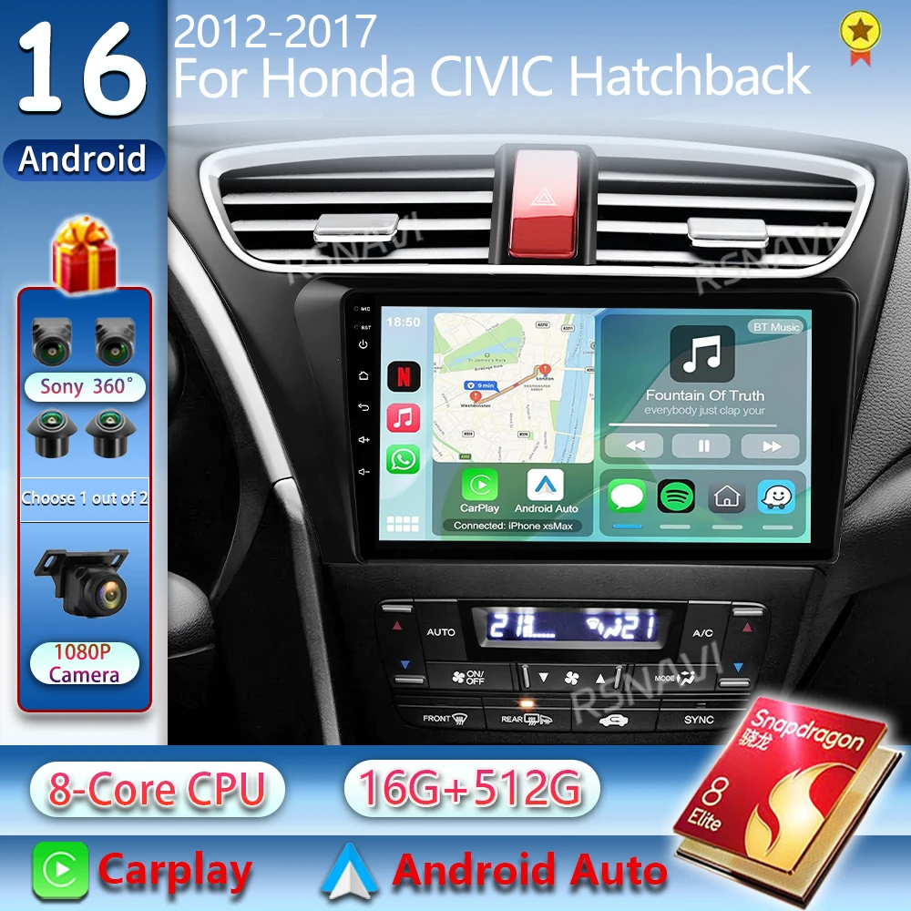 Автомагнитола Android 16 с CarPlay для Honda CIVIC Hatchback 2012-2017 годов выпуска, навигация GPS, мультимедийный плеер, стерео, Wi-Fi+4G, видео, Bluetooth.