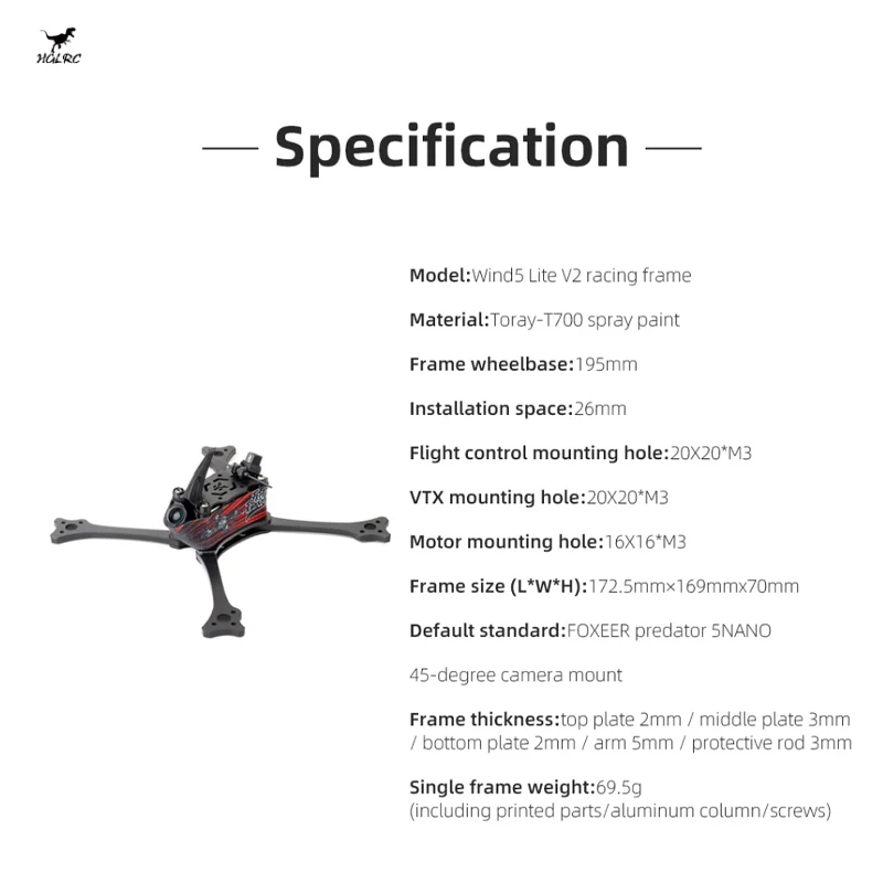 HGLRC Wind 5 Lite V2 5inch Brushless T700 Four-Axis Indoor Carbon Fiber FPV Racing Frame Kit