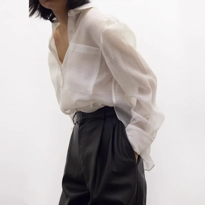 

Ladies Slightly Transparent Shirt Simple Long-Sleeved Loose Fit Blouse and Tops with Large Pockets
