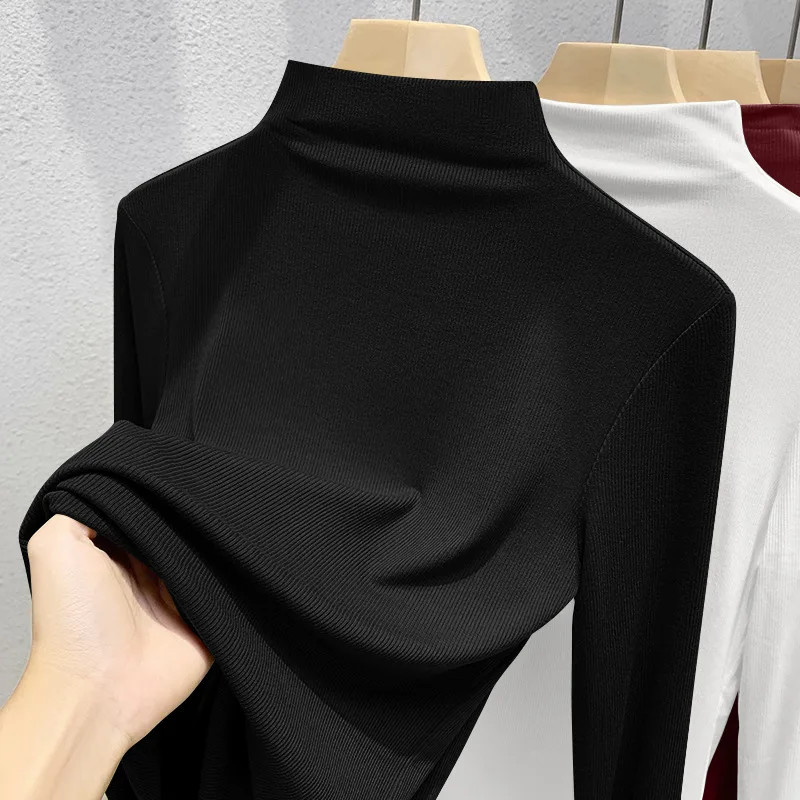 

1pcs Autumn Winter Female Stretch Thermal TShirt Women Long Sleeve T-shirt Warm Basic Pullover Bottoming Top Lady High Neck Tees