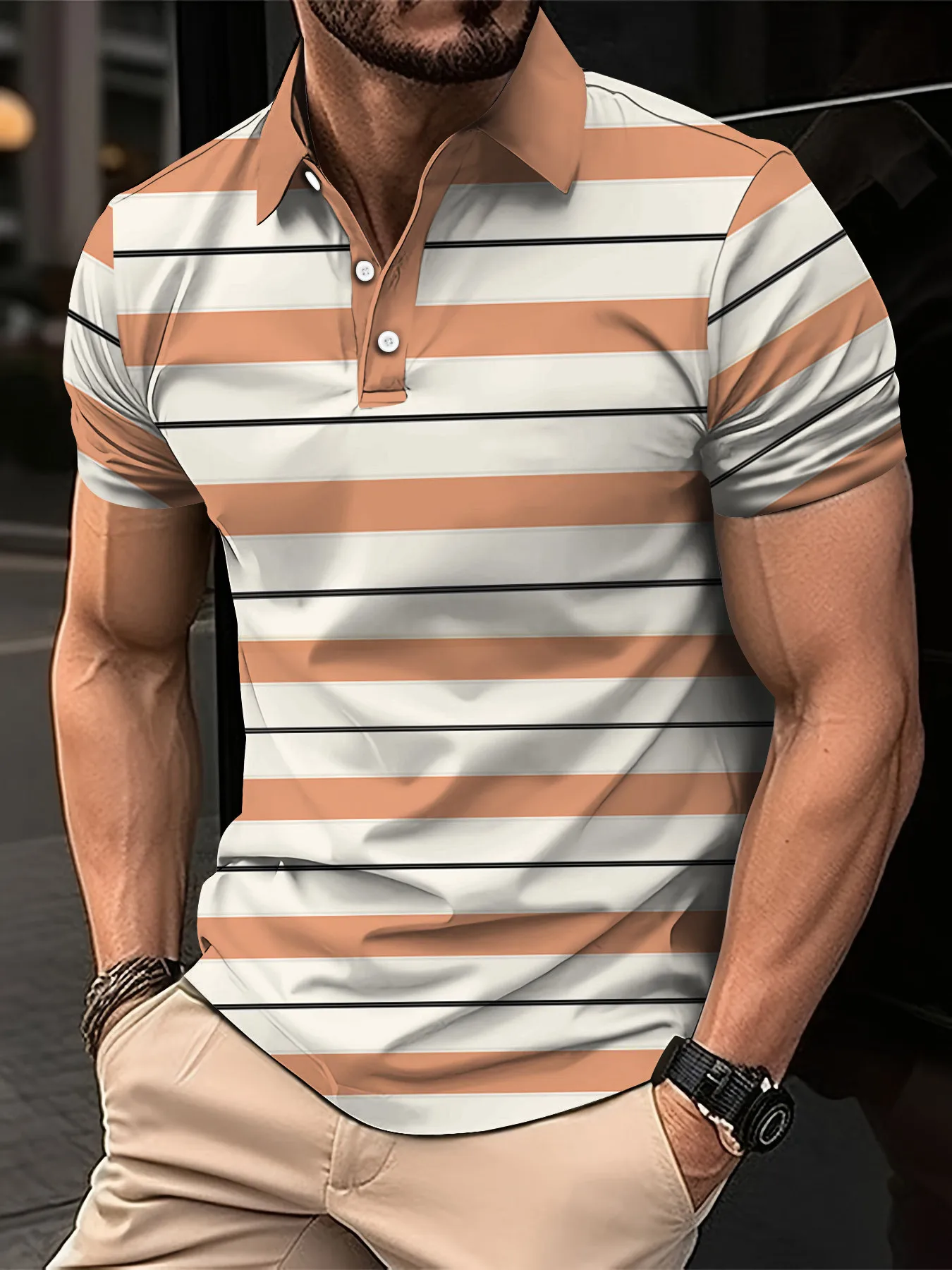 2024 New Men\'s Summer Short Clothes Sleeved Lapel 3D Digital Printed Striped Polo Shirt Men\'s Business Casual Top Clothes