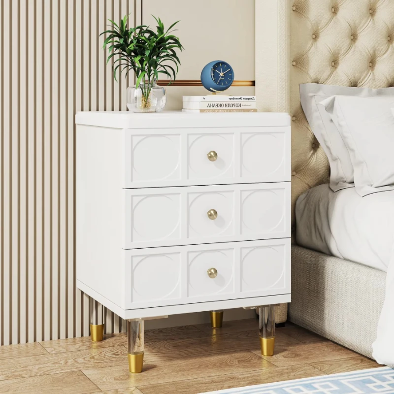 

Modern Accent 3-Drawer White Bedside Table with Acrylic Legs for Bedroom Living Room