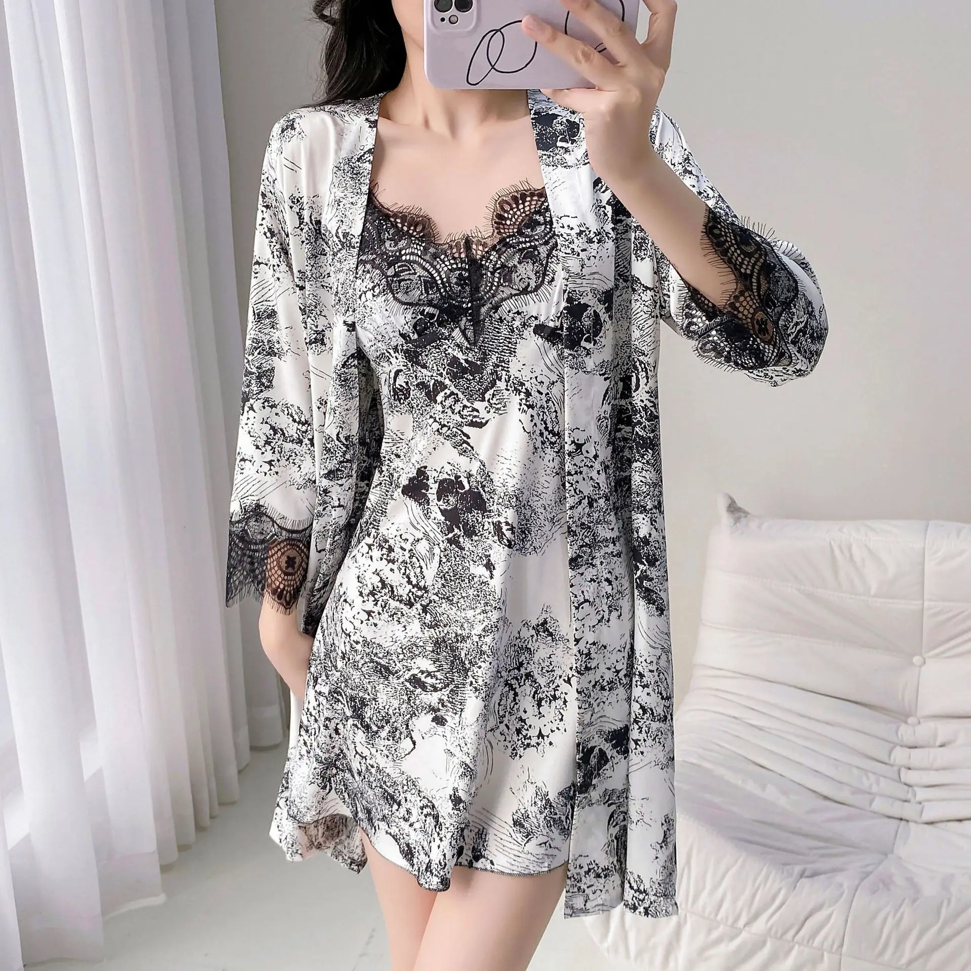 Print Satin 2PCS Bathrobe Gown Sleep Suit Women Rayon Kimono Nighty&Robe Set Lace Nightgown Sleepwear Loungewear Sleepdress