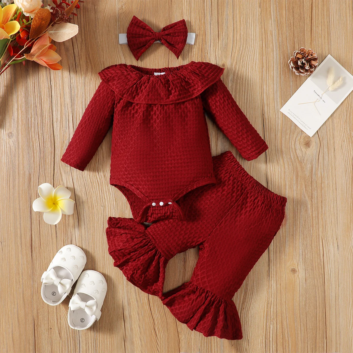 

PatPat 3pcs Baby Girl Waffle Ruffle Long-sleeve Romper and Solid Flared Pants & Headband Set