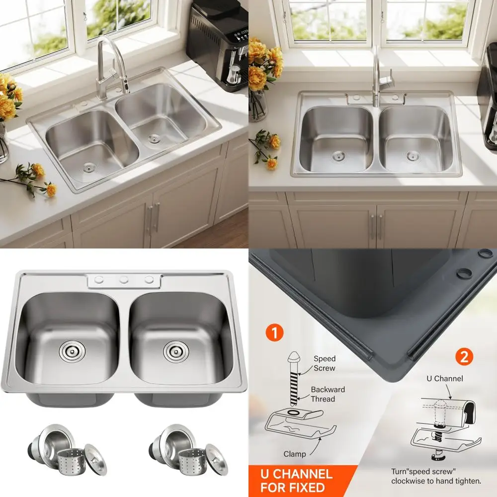 

Commercial Grade 33 Inch 50/50 Stainless Steel Drop-In Double Bowl Kitchen Sink with Satin Finish and Topmount Installation