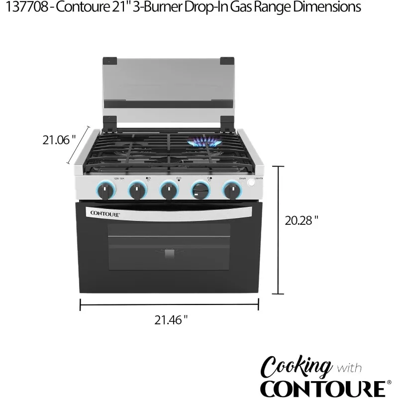 RV 3-Burner Drop-In Gas Range 21" Black Stainless Steel Accents Stylish LED Knobs Easy-Clean Oven Propane-Powered CSA Certified