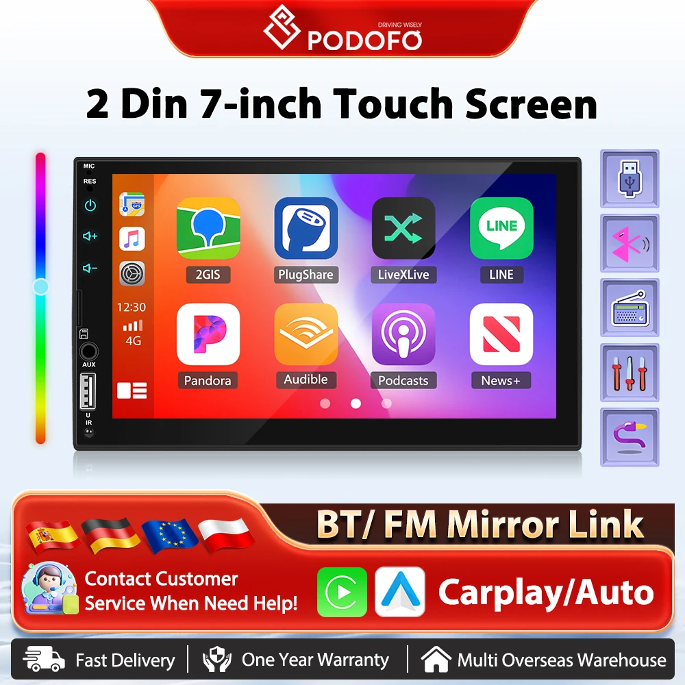 Podofo 7'' Drahtlose Carplay Auto MP5 Stereo Android Auto Mirrorlink BT Multimedia Player FM SWC DAB 2din EQ Auto radio Hinten Kamera
