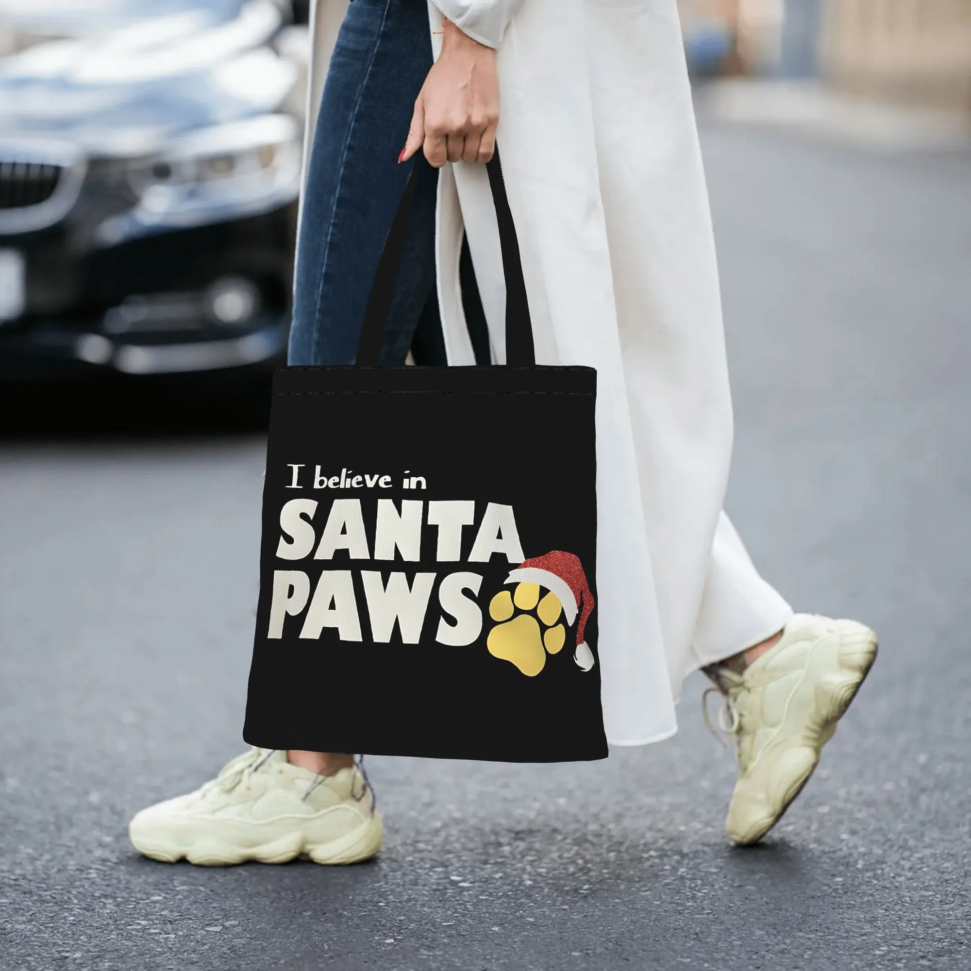 Customized I Believe In Santa Paws Print Women's Bag Campus Handbag Large Capacity  Canvas Tote Bag Foldable Chic Pattern