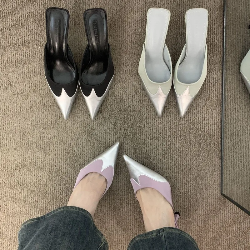 

2025 Spring/summer Temperament Pointed Pointed Thin Heel Fashionable Black French High Heels Half Slippers Women's Single Shoes