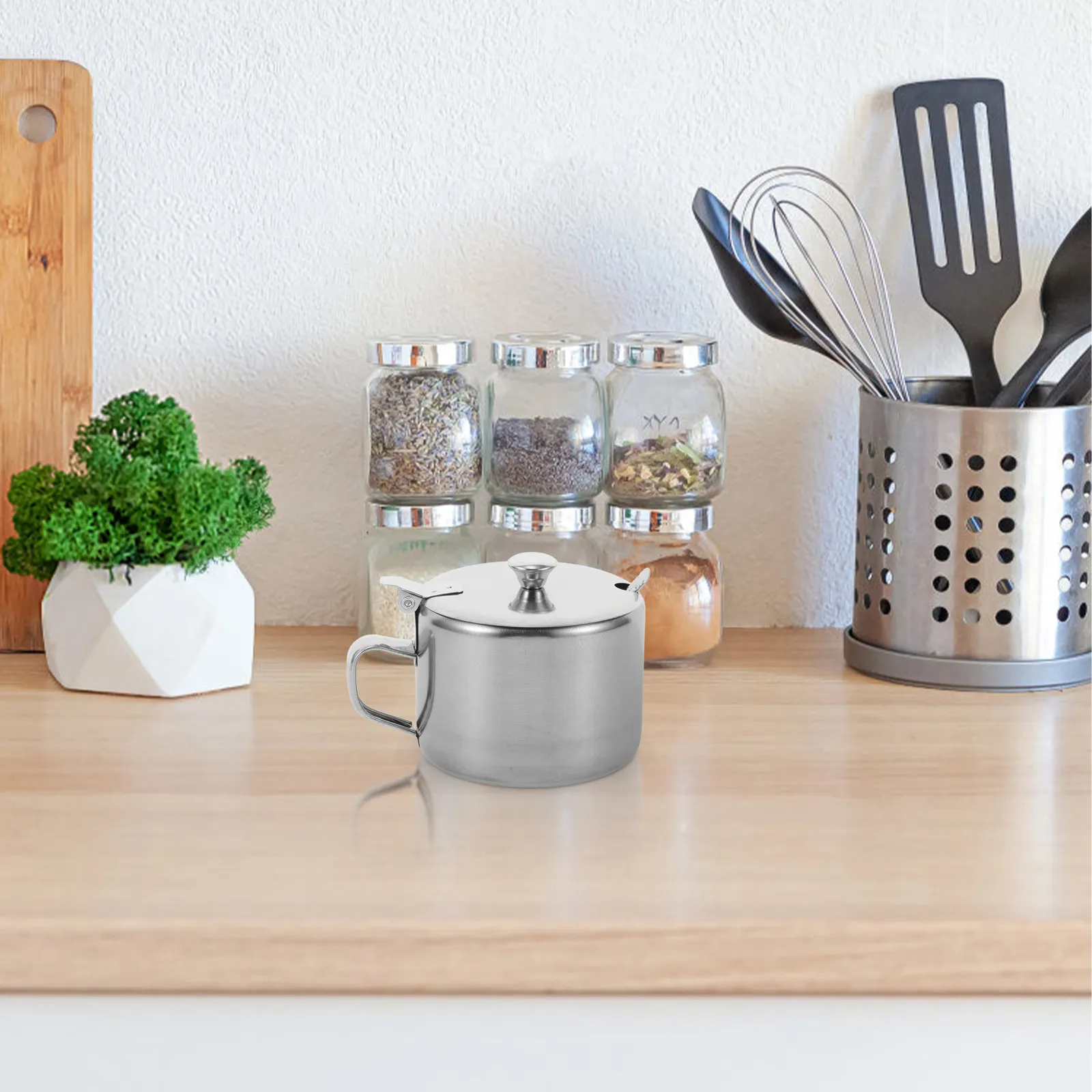 Stainless Steel Seasoning Jar Set Round Shape with Spoon for Sugar Salt Pepper Condiment Container Spice Dispenser Kitchen