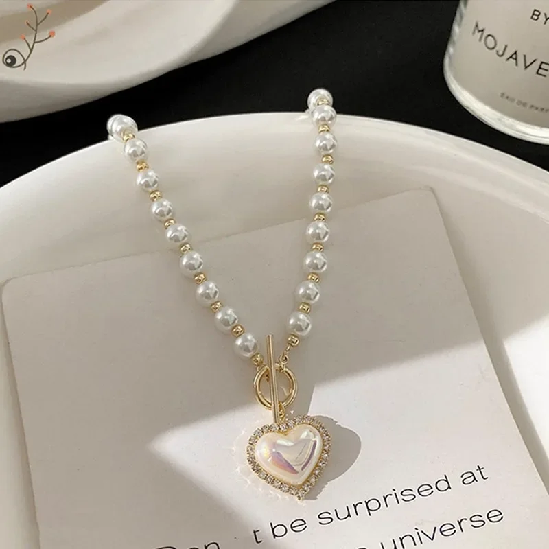 Imitation Pearls Collar Vinatge simulated Pearl Pendant Neck Necklace For Women Simple OT Buckle Clavicle Chain Party Jewelry