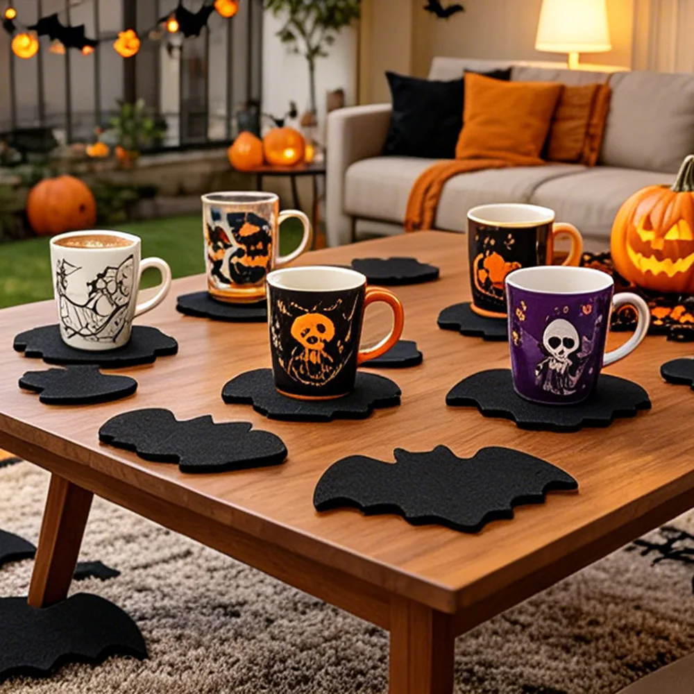 16pcs Halloween Bat Silhouette Felt Black Heat-Resistant Mat, for Living Room Coffee Table Dining Table Halloween Party Decor