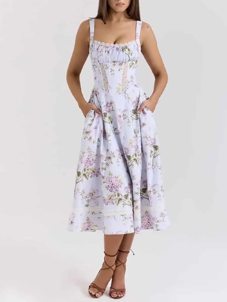 

European style new women's fashion versatile temperament lace splicing sexy waist slimming floral suspender dress