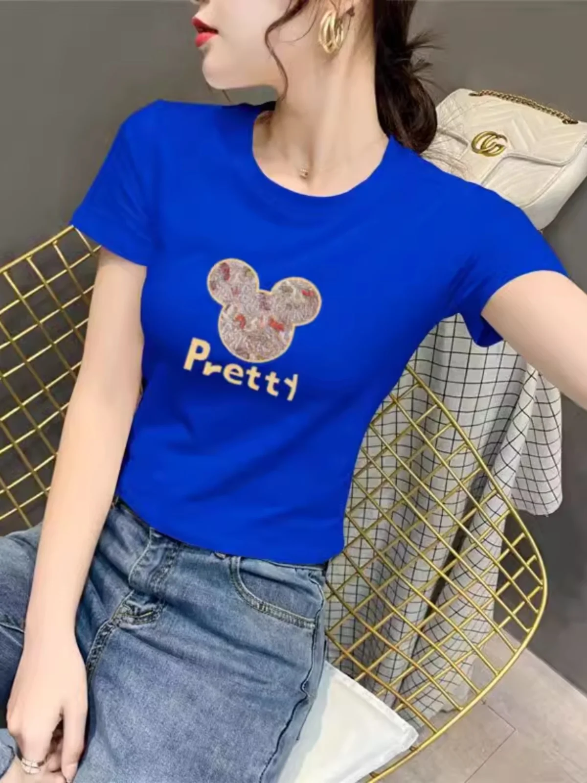 

Klein Blue Women's ort Sve T-irt Pure Cotton ort Sle Summer Faion oulder Design Commute Sle round Ne Print