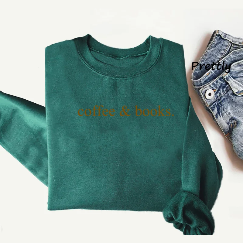 Coffee & Books Sweatshirt Women Ladies Cute Books Lover Graphic Sweatshirts Books Club Lover Hoodies Elementary Teacher Clothes