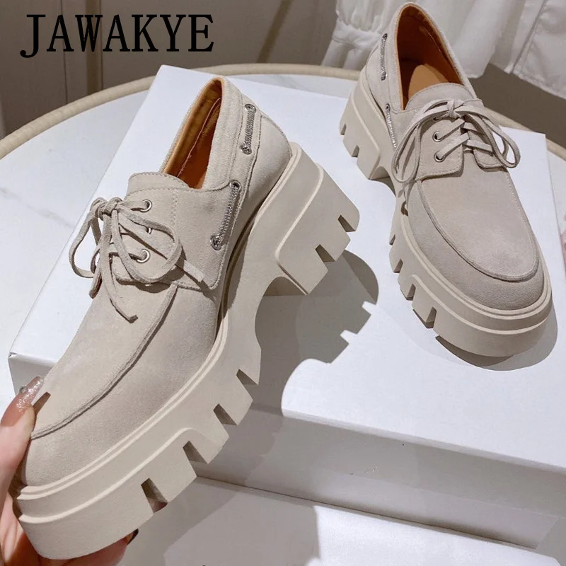 JAWAKYE piattaforma in pelle scamosciata aumentare scarpe donna Slip on punta tonda suola spessa nappe mocassini scarpe Casual scarpe retrò per le