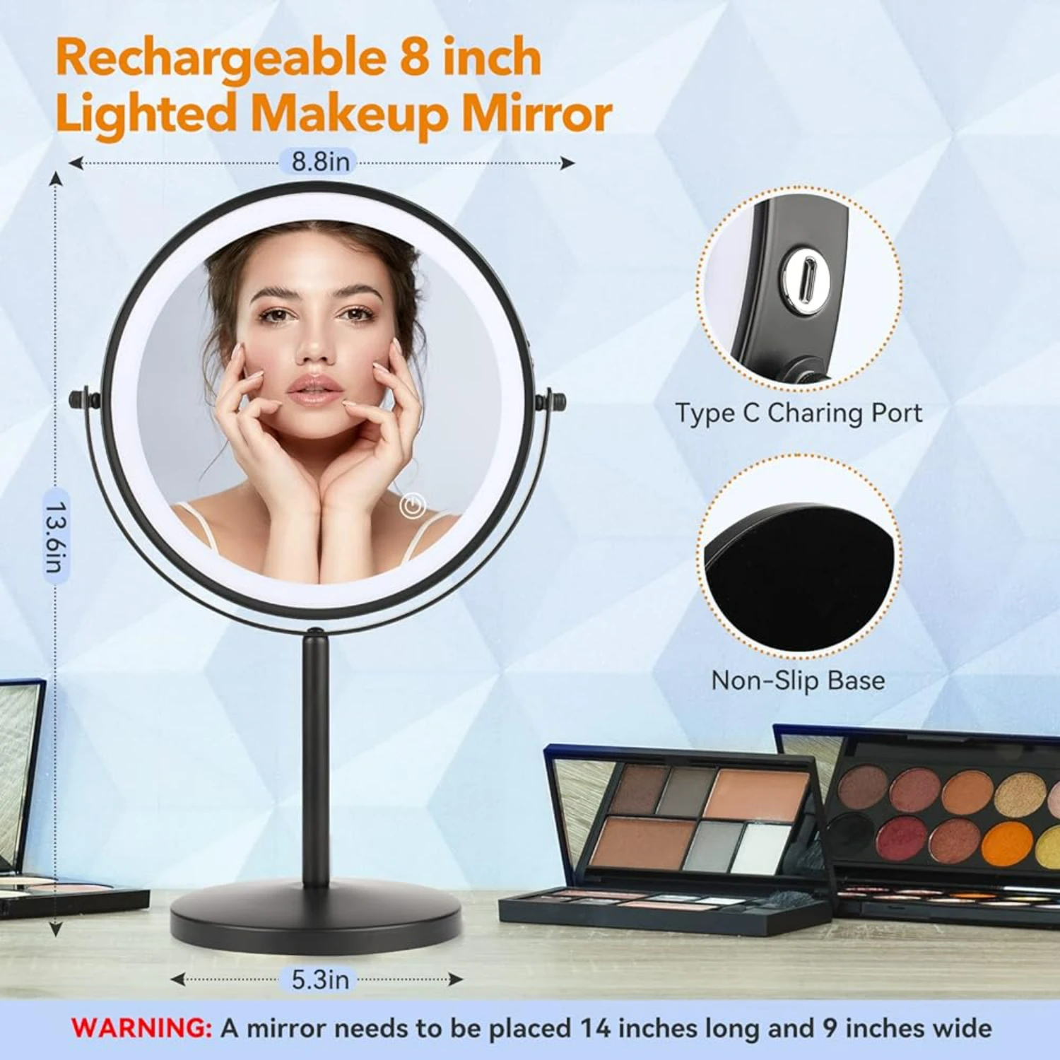 Adjustable Brightness Smart Touch 8 Inch Rechargeable Desktop Vanity Mirror with Lights, Double Sided 1X/10X Magnifying Makeup M