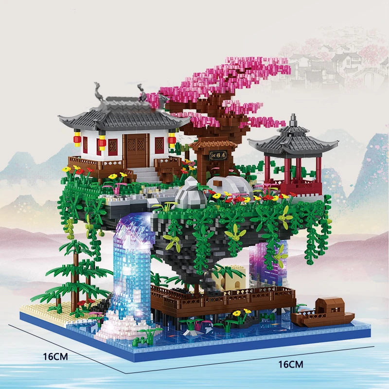 Temple Pavilion Island Waterfall Pool LED Light Mini Diamond Blocks Bricks Model Toy for Children and Adults