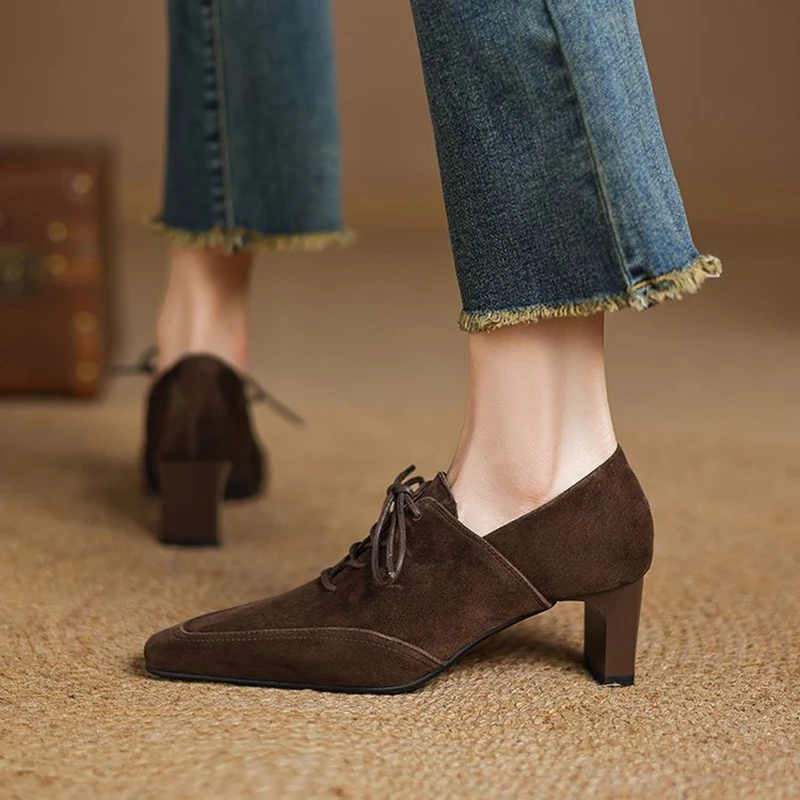 NEW Spring/Autumn Women Pumps Square Toe High Heel Shoes Concise Sheep Suede Leather Shoes for Women Brown Lace-up Handmade Shoe