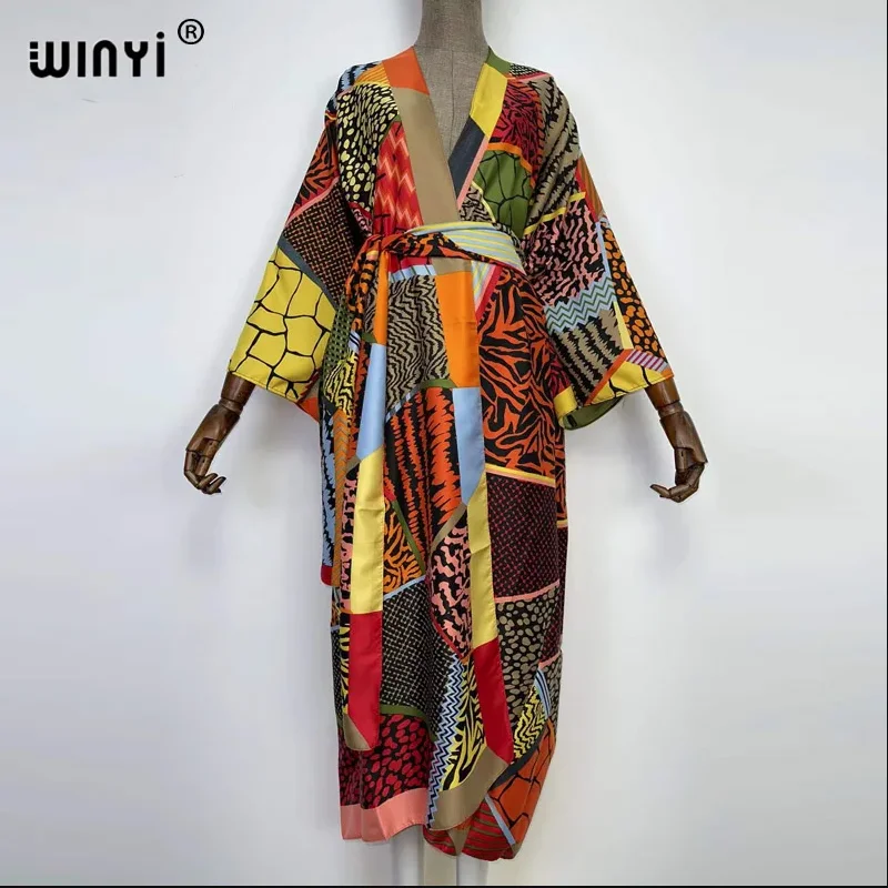WINYI spring Kimono Women Printed bubble hem coat Long Sleeve Cardigan abaya dubai luxury beachwear Cover Up boho dress Caftan