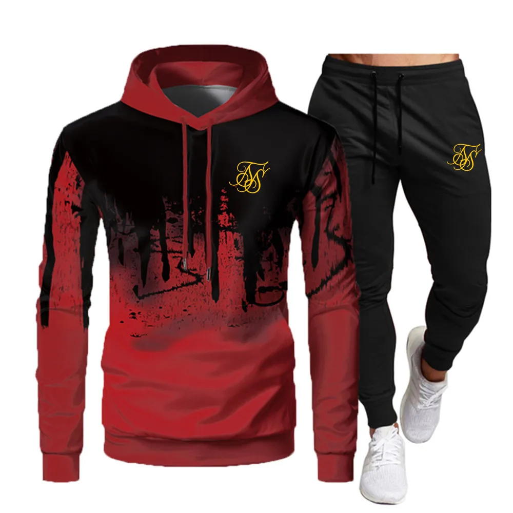 Men\'s Fashion Sik Silk Hoodie Sportswear Men\'s Clothes Jogging Casual Sportswear Men\'s Running Sports Suit + Pants 2-piece Set