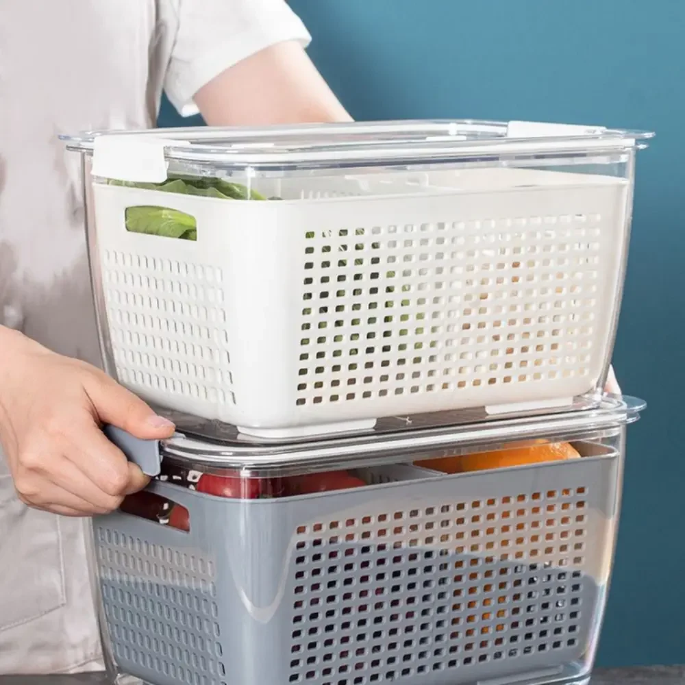 Refrigerator Crisper Drain Basket Kitchen Vegetable Washing Basket with Filtered Water Double Layer Drain Basket