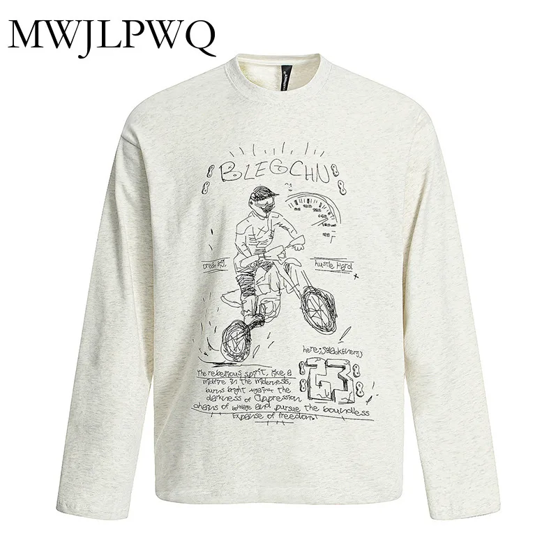 

MWJLPWQ Versatile Street Sketch Print Fun T-shirt Male American Round Neck Long Sleeve Loose Casual New Tops Trend Autumn 010934