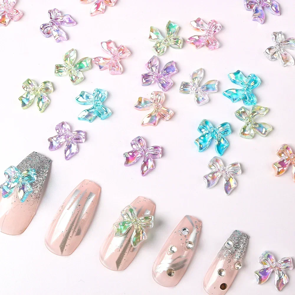 100pcs Colorful Jelly AB Bow Nail Decorations 3D Resin Cute Bowkont Nail Art Charms Premium Gems DIY Manicure Rhinestones