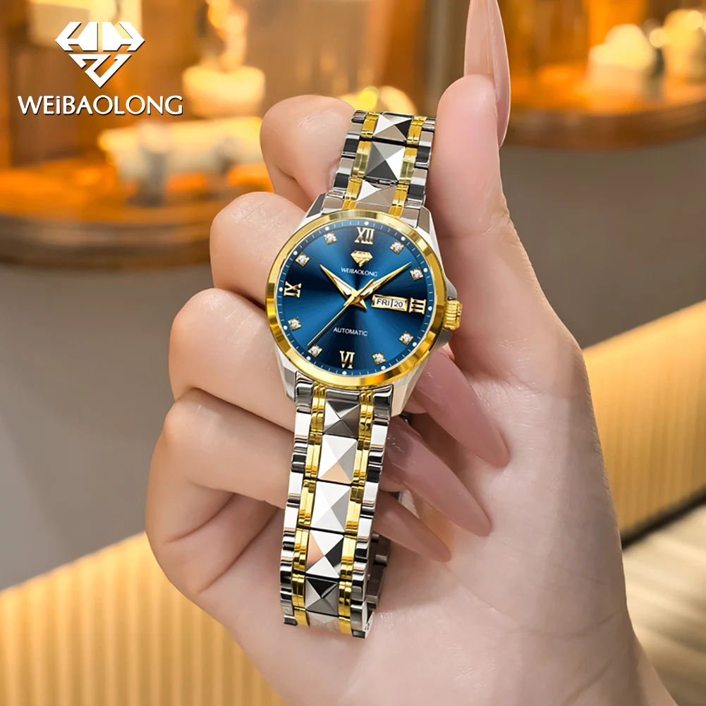 WEIBAOLONG Women's Watch Dual Calendar Display Real Diamond Dial Sapphire Mirror Tungsten steel Strap Automatic Mechanical Watch
