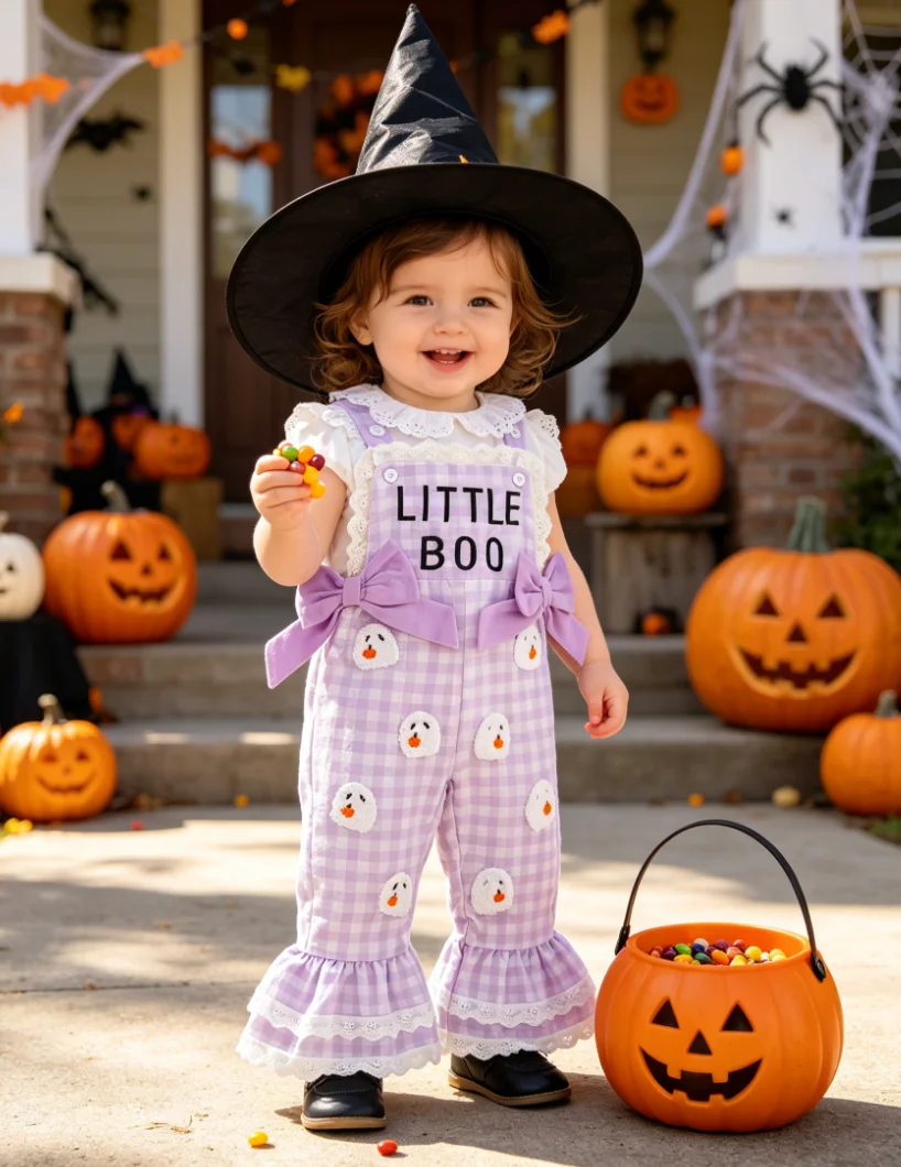 Halloween Toddler Girl Overalls Orange Plaid Pumpkin Embroidery Flared Pants Kids Cute Bow Lace Jumpsuit Fall Baby Outfit