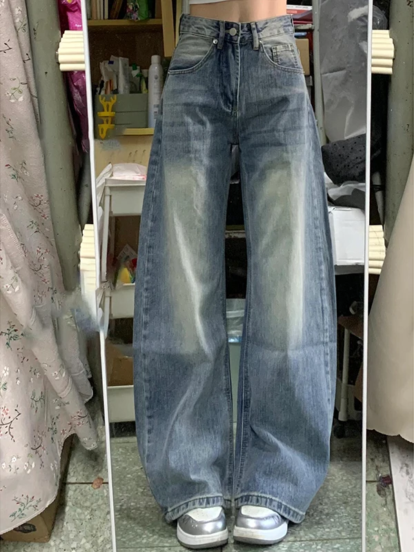 

Американские джинсы-брюки с высокой талией и бамбуковым узором, свободные прямые широкие штаны-«косы» для женщин, осень-зима