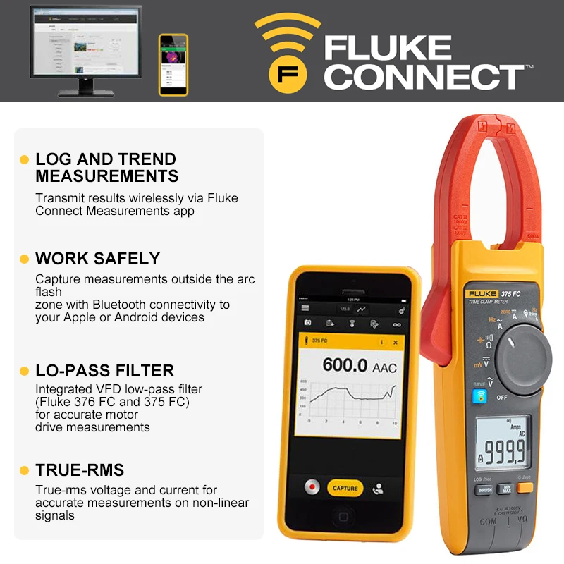 FLUKE 375 375FC RMS AC/DC Clamp Meter ,600 A AC and DC Current Measurement 1000 V AC and DC Voltage Measurement