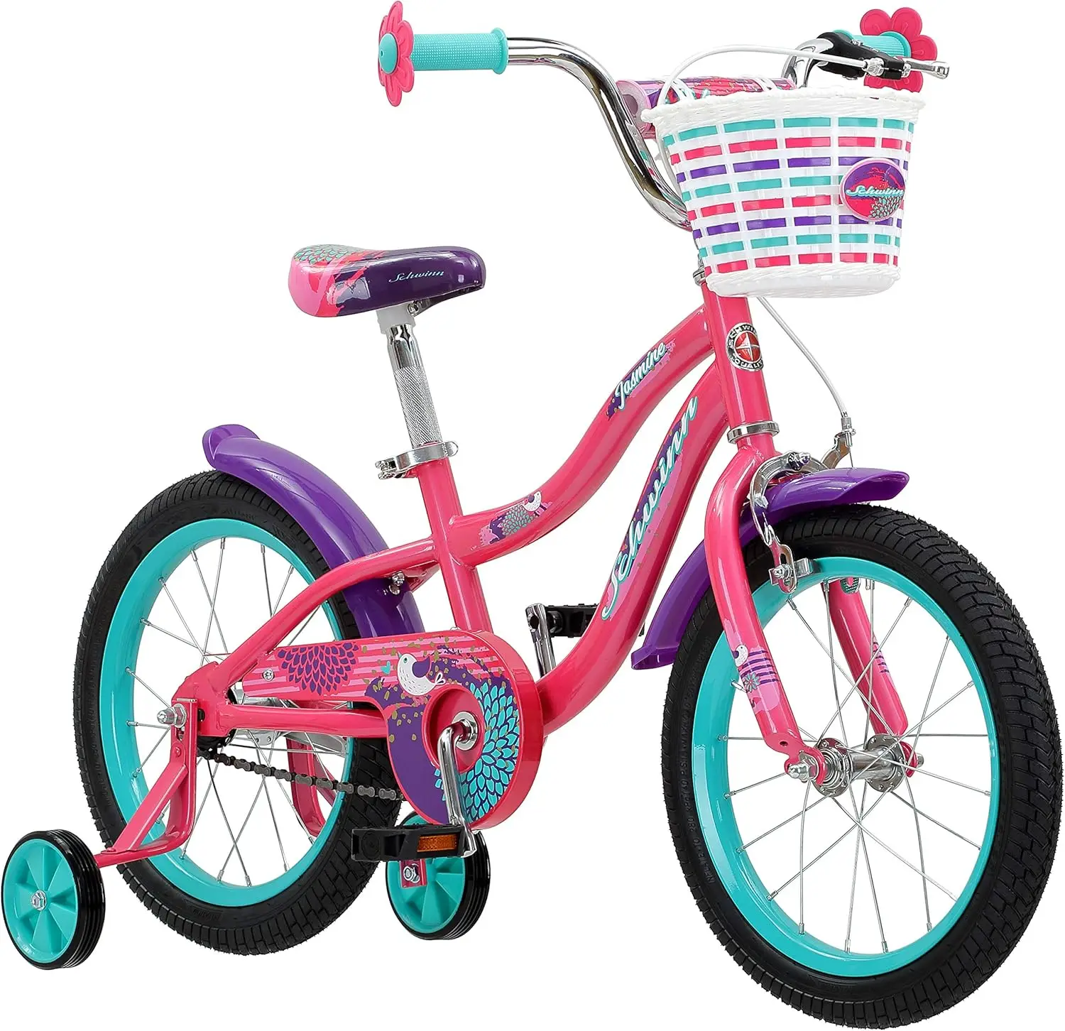 Kids Bike with Training Wheels, 16-Inch Wheels, Boys and Girls Ages 3-5 Years Old, Basket, Coaster and Hand