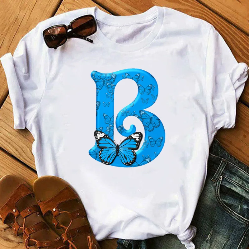 26 English Letters Butterfly Print T-shirt Short Sleeve Women Oversized T Shirt  Tops  Graphic T Shirts  Harajuku  Harajuku