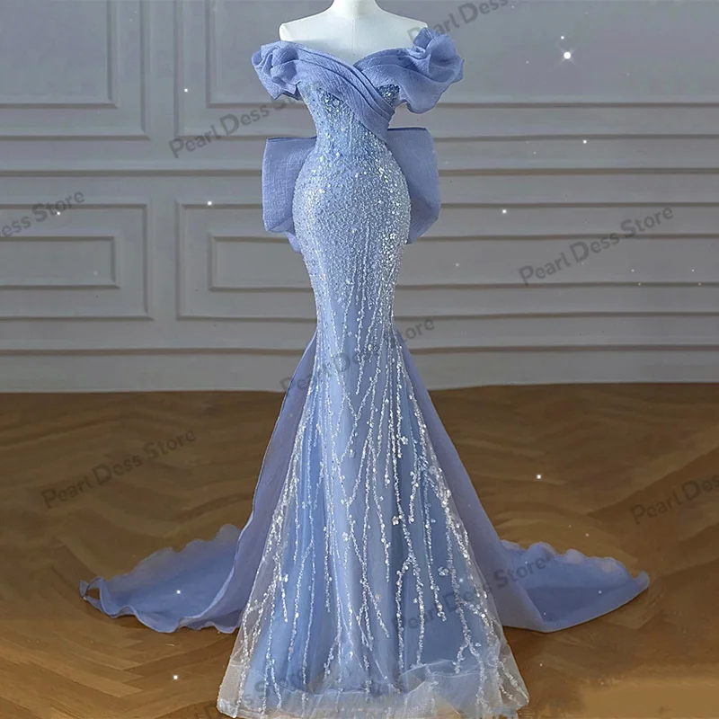 Robe de Rhplissée à sequins avec col oblique patchwork, haut précieux, bleu, perle, poignées de sirène, nœud amovible, robe de soirée de luxe