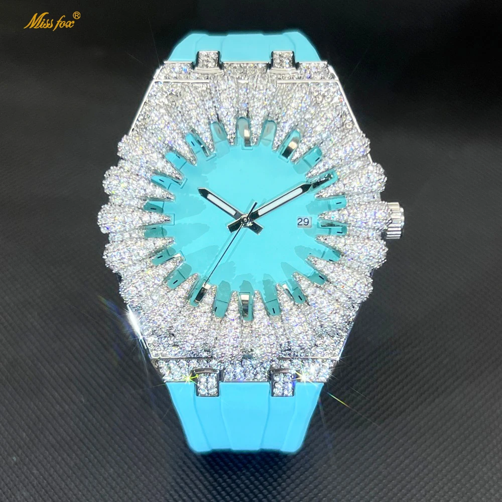 MISSFOX New Design Iced Diamond Watches Men Sky Blue Fashion Waterproof Quartz Clocks Hip Hop Gold Jewelry Wristwatch Gifts