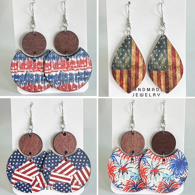 Vintage style Independence Day patchwork earrings, wooden Bohemian circular, American flag, fireworks geometric pattern earring