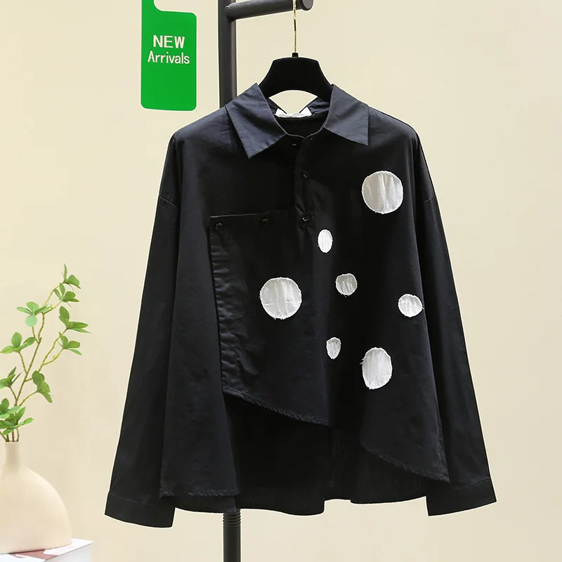 SuperAen Asymmetrical Design Black Polka-dot Shirt Women's Autumn 2024 New Fashion Loose Casual Long-sleeved Shirt