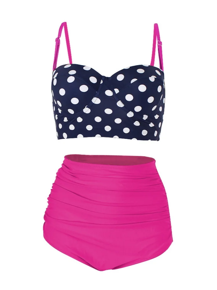 

Beautiful Rose Pink Polka Dot 2 Piece Bikinis Sets Young Women Large Size High Waist Mini Short Halter Crop Top Contrast Color