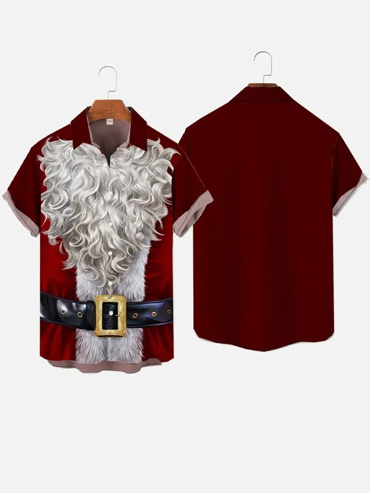 Red And White Stitching Santa Claus Cartoon Costume Printing Short Sleeve Shirt 3D Printed Christmas Shirt Men's Hawaiian Shirt