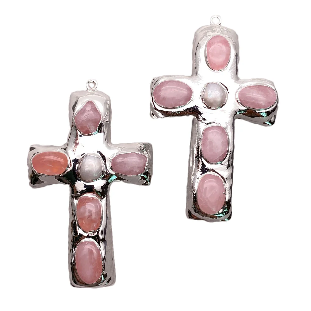 2 Pcs Pink Rose Quartz White Gold Plated Pendant For Necklace Lady Jewelry