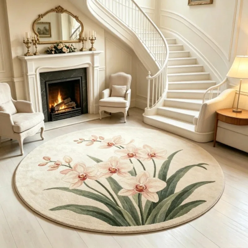Elegant Garden Tulip Round Rug, Retro Pink‑Cream Tulip Flower Leaf Art Printed Circular Floor Mat for Living Room Bedroom