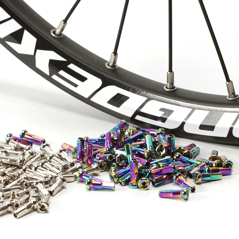 36pcs Bike Brass Spoke Nipples Caps Head End Tip 14G 2.0mm*14mm Silver Rainbow Oil Slick For Road Mountain Bicycle