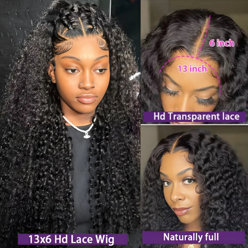 Peruca de Cabelo Humano Ondulado Profundo Natural, Densidade 200%, 46 Polegadas, Frontal de Renda HD Transparente 13x4 13x6, Pré-arrancada, Cabelo Remy, Perucas Femininas
