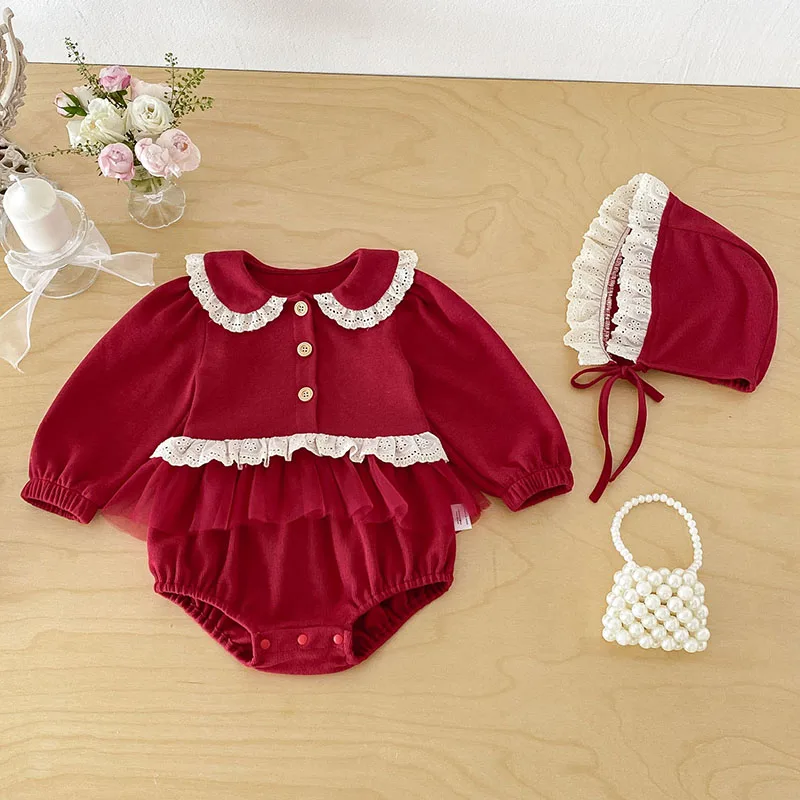 2Piece Sets Spring Autumn Newborn Girl Clothes Korean Cute Princess Bodysuit Long Sleeve Red Birthday Romper+Hat Baby Stuff B526