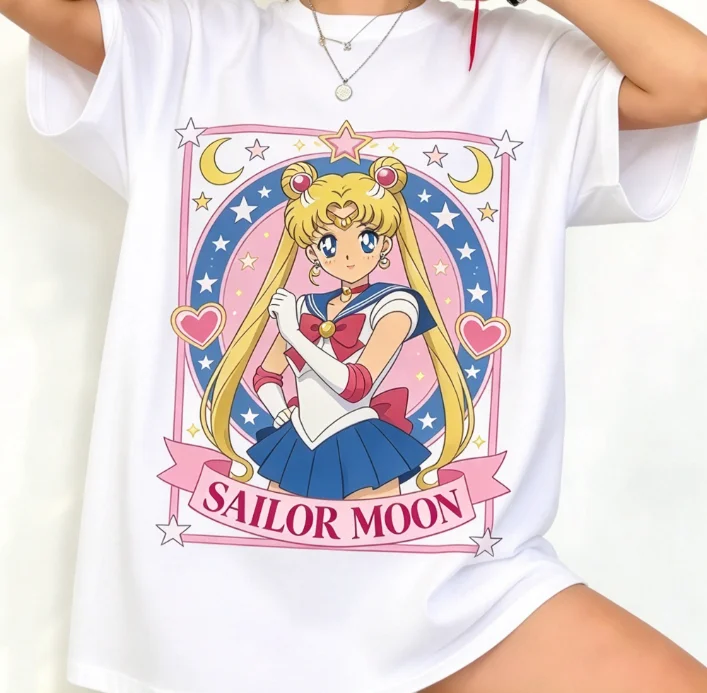 2026 new Best‑Seller‑Trending‑Colorful‑Anime‑Magical‑Girl‑Heart‑Frame Print High‑Quality Oversized Short‑Sleeve T‑Shirt