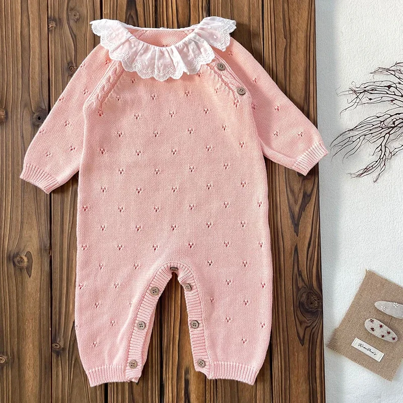 2024 New Autumn Infant Baby Knitted Romper Long Sleeved Solid Color Knitted Lace Splicing Korean Style Climbing Suit