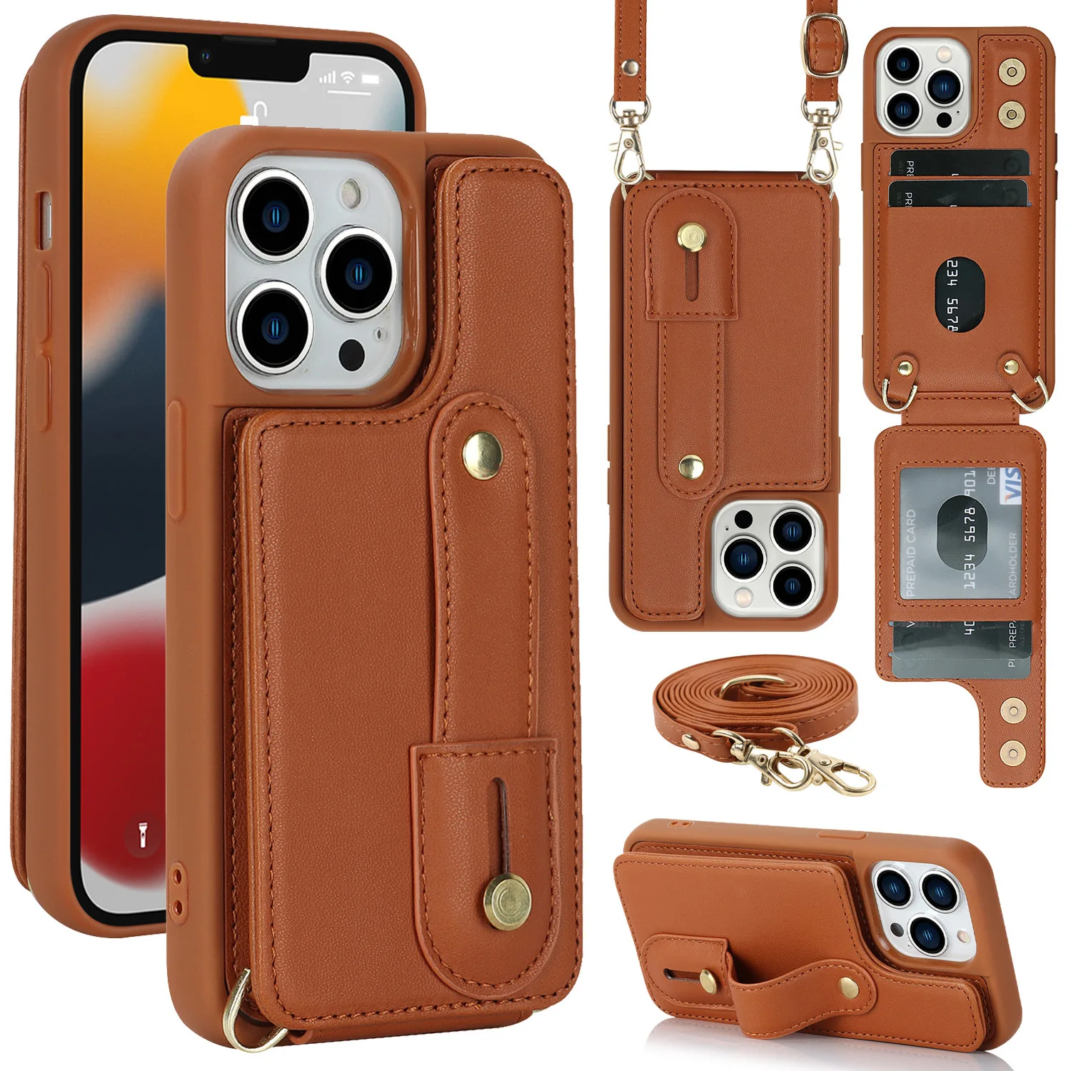 

Wallet Shoulder Strap Phone Case for iPhone 15 14 13 12 11 Pro Max 15 Plus 13 Pro Lady Leather Card Pocket Lanyard Back Cover