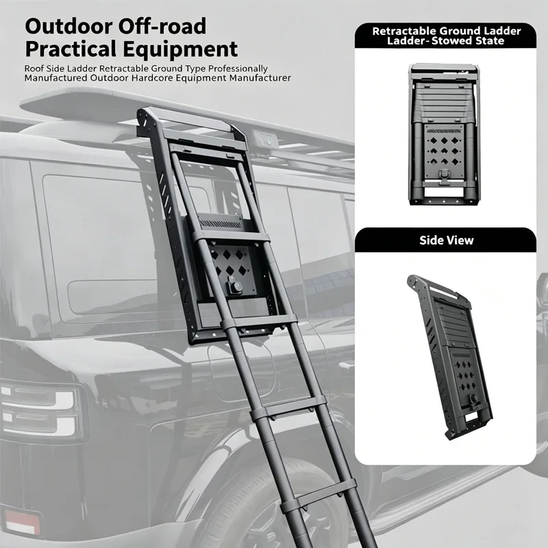 Universal Telescopic Side Ladder with Combination Lock for SUV Offroad Roof Rack Foldable Deployable Access Step Ladder
