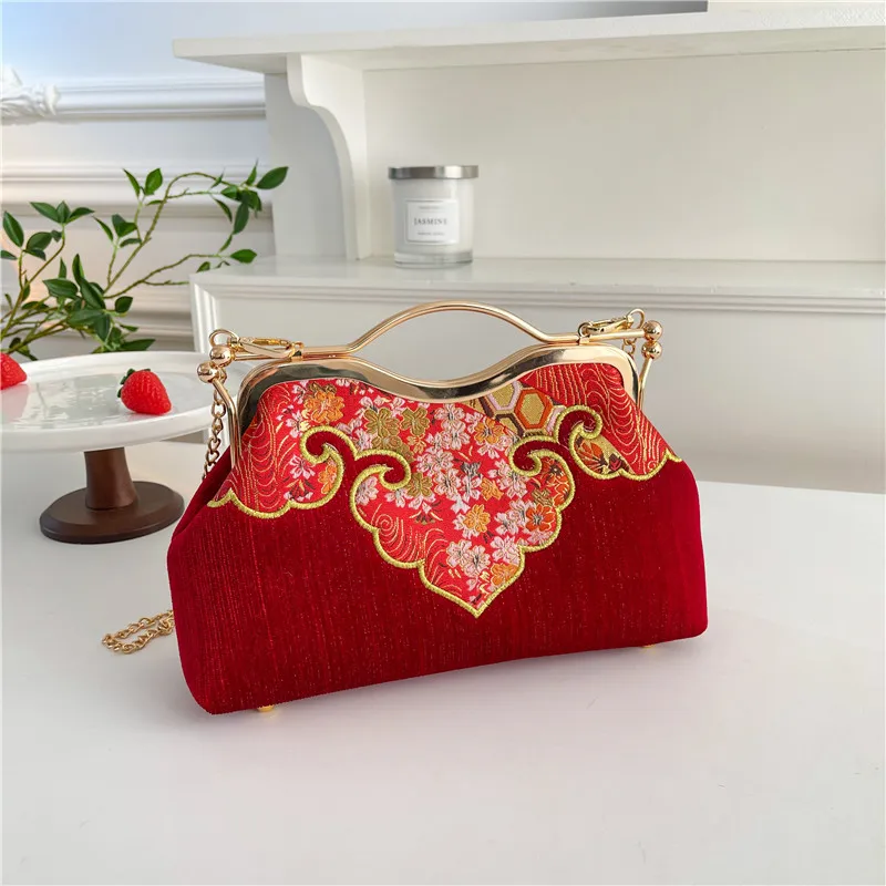 Chinese Style Embroider Print Evening Bag For Women Metal Handle Handbags Simple Chain Shoulder Bags Prom Party Clutches Purses